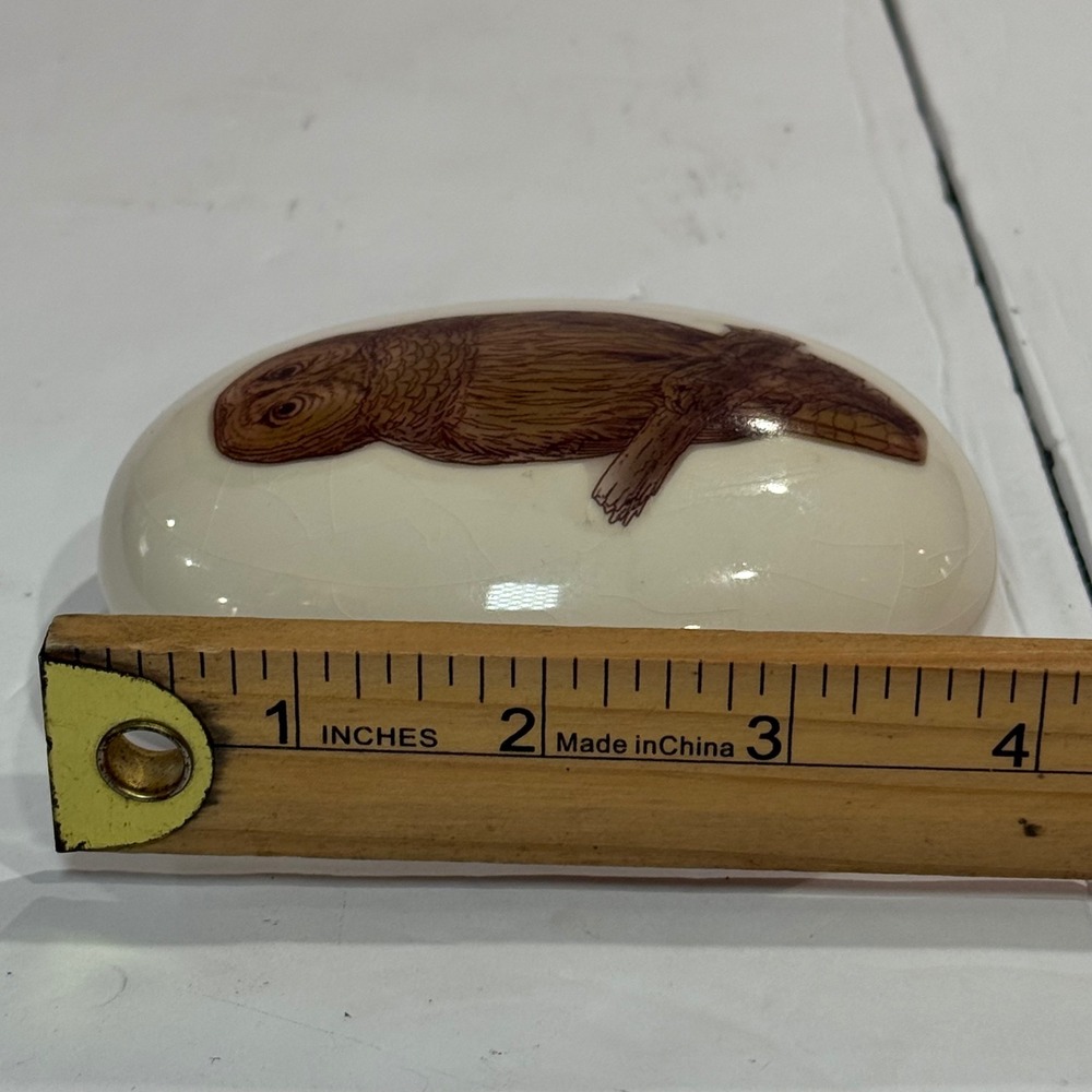 Vintage Ceramic Owl Paperweight Cream Brown Oval Figurine Whimsy Goth Witchy - Picture 2 of 7